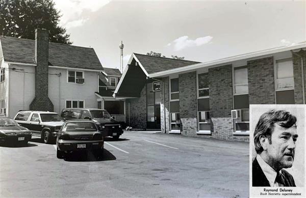 Photo of Ray Delaney over a photo of the old administration building